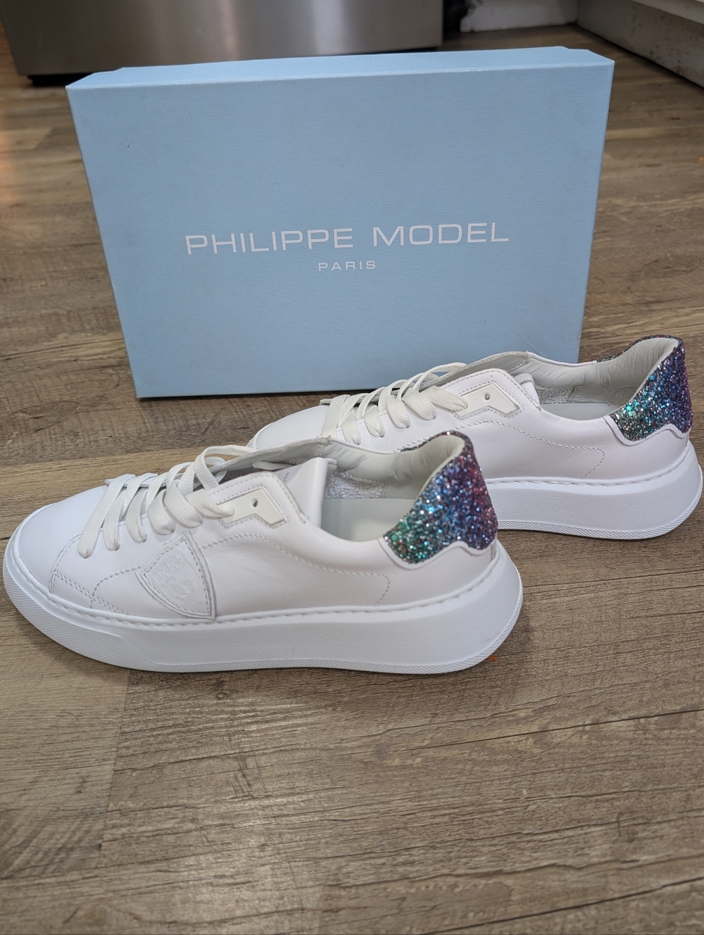 Philippe Model Paris "Temple Low Women's White Sneakers W/ Glitter Accent.